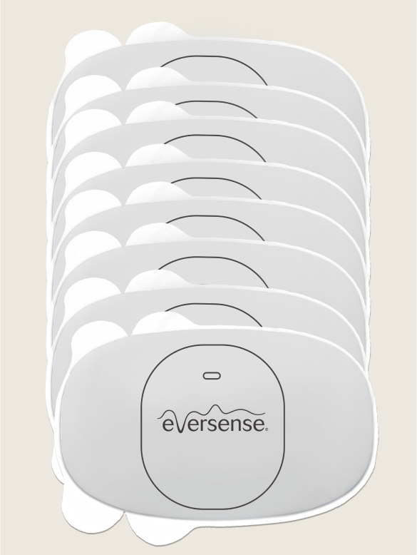White CGM sensor patches labeled "Eversense" are stacked, aligning horizontally against a neutral background.