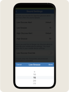A smartphone displays glucose sound settings. Options include "Low Snooze"